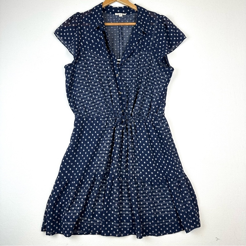 Maison Jules Shear Ditsy Print Overlay Stripe Tank Mini Dress Navy Nautical